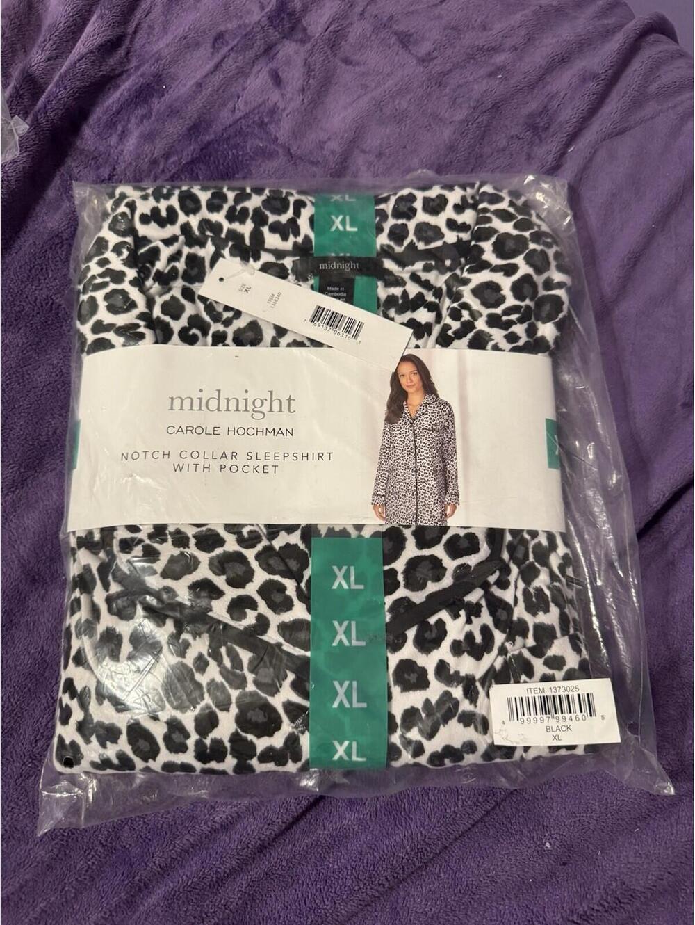 Carole Hochman Midnight Notch Collar Sleepshirt w/Pocket, Black, Leopard Size XL